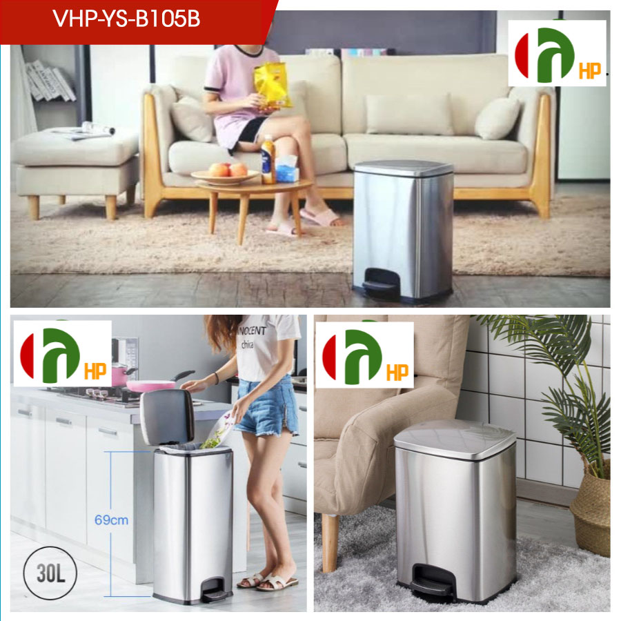 Thùng rác inox có đạp chân phủ nano chống bám bụi bẩn, nắp đậy kín dung tích 30L trong nhà - VHP-YS-B-105